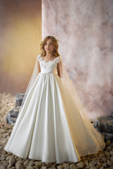 Ivory Floral Embellished Communion Gown with Cap Sleeves | Pentelei Couture